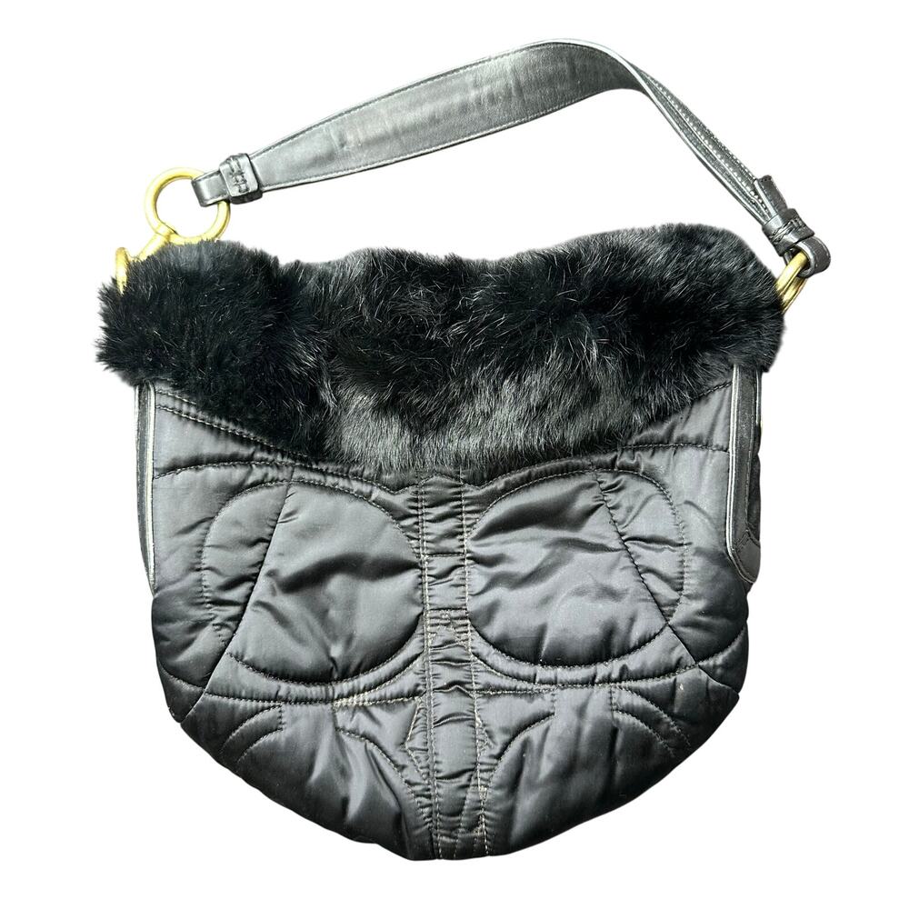 COACH Vintage Y2K 3586 Black Satin Top Handle Shoulder Bag Purse Rabbit Fur Trim